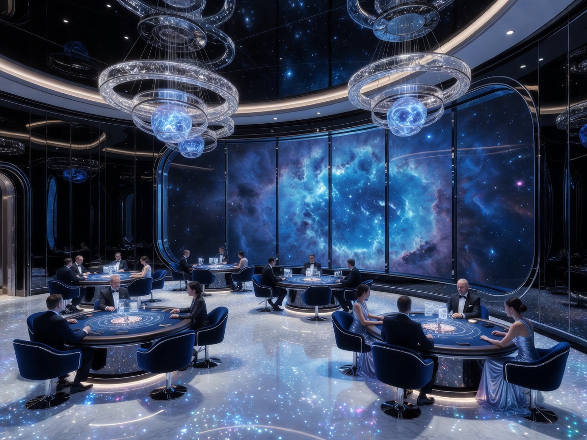 A luxurious, futuristic casino interior overlooking a glowing blue nebula in deep space